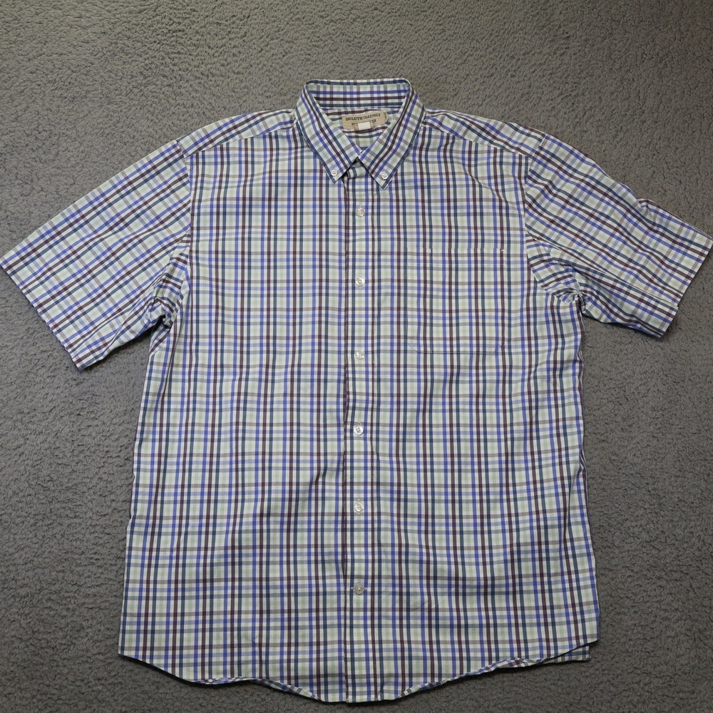 Duluth Trading Co Wrinkle Fighter Shirt Mens Large Blue Green Plaid Short Sleeve